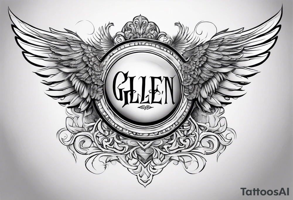 The word Glenn on a banner with angel Wings tattoo idea