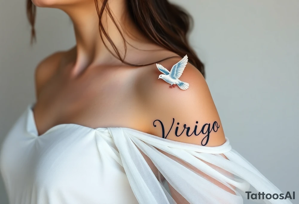 A young woman in a white flowing dress, releasing a glowing dove into the night sky and the word virgo tattoo idea