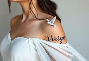 A young woman in a white flowing dress, releasing a glowing dove into the night sky and the word virgo tattoo idea