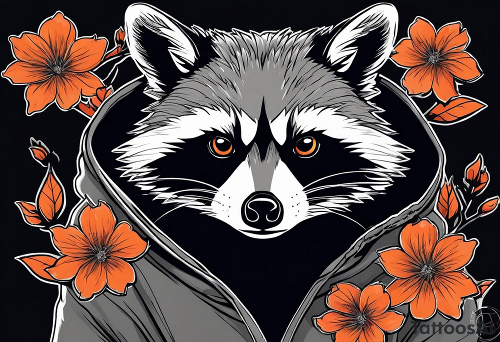 Raccoon wearing a white Superman logo on a black hoodie and orange Japanese cherry blossoms tattoo idea