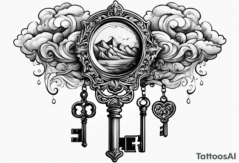 old school key on top of a floating cloud tattoo idea