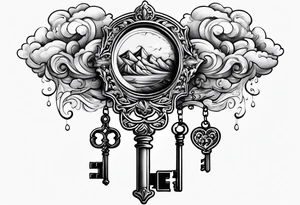 old school key on top of a floating cloud tattoo idea