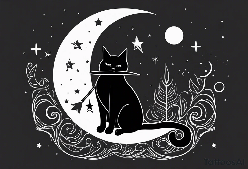 Witch sitting on a moon, black cat, stars,  broom tattoo idea