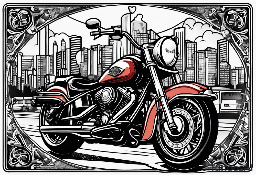 playing cards over a city with a motorcycle on the road tattoo idea