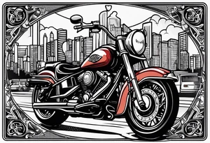 playing cards over a city with a motorcycle on the road tattoo idea
