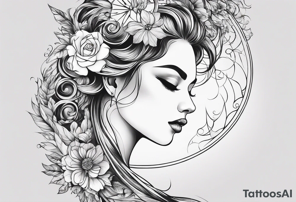 Tattoo on Woman’s Spine fine line, flowermoon, balance, eternity, perfection, love, patience, rising out of suffering tattoo idea
