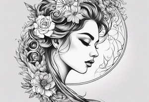 Tattoo on Woman’s Spine fine line, flowermoon, balance, eternity, perfection, love, patience, rising out of suffering tattoo idea