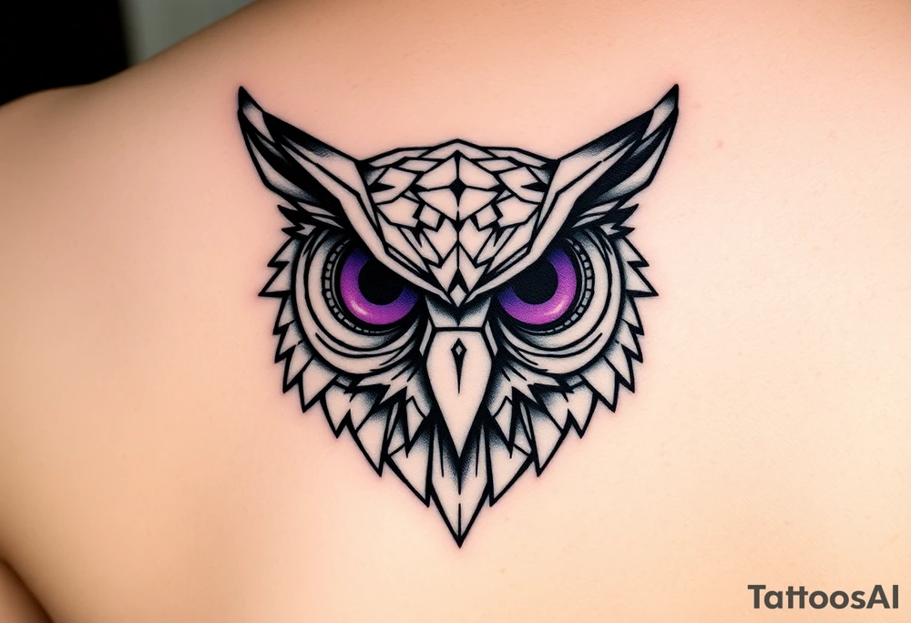 Geometric Owl head with large intense tripping purple eyes without pupils, tattoo idea