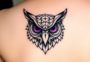 Geometric Owl head with large intense tripping purple eyes without pupils, tattoo idea