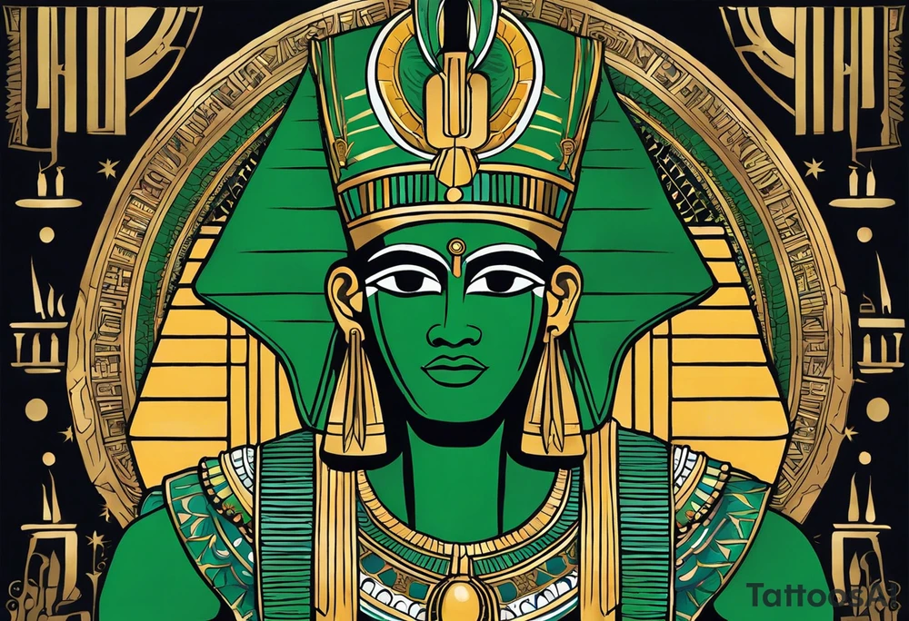 The tattoo represents Osiris, the god of the afterlife and resurrection, with his iconic green skin and traditional attire. His body is wrapped in a detailed shroud, and he is depicted with the Atef crown, featuring the white crown of Upper Egypt flanked by two feathers. His eyes are serene yet powerful, reflecting his role as the judge of the dead. The detailed texture of his skin and attire, along with realistic shadows and highlights, accentuate Osiris’s divine and otherworldly presence. tattoo idea