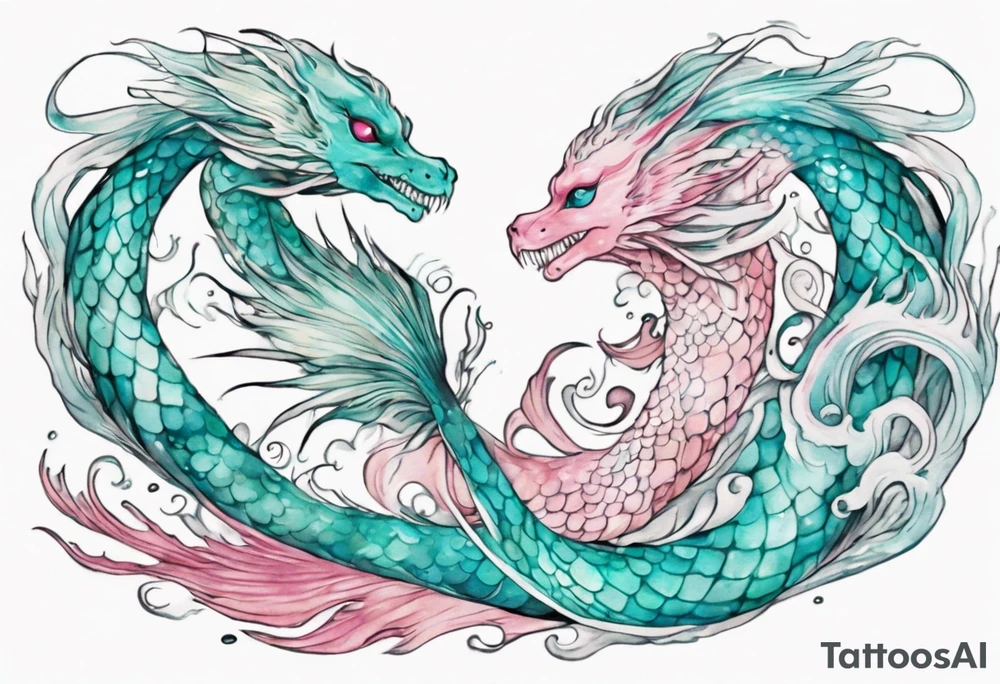 a turquoise and white and pink feathered sea serpent mermaid hybrid with beautiful eyes emerging from the stormy sea tattoo idea