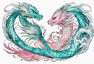 a turquoise and white and pink feathered sea serpent mermaid hybrid with beautiful eyes emerging from the stormy sea tattoo idea