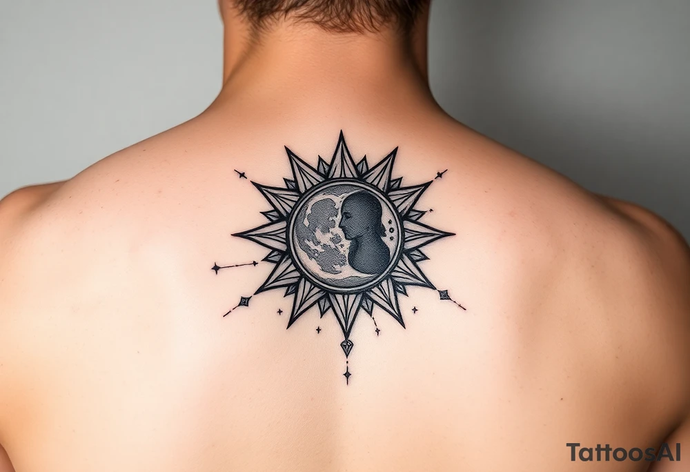 celestial sun and moon embrace with constellation patterns tattoo idea celestial sun and moon embrace with constellation patterns tattoo idea