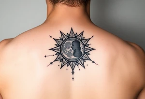 celestial sun and moon embrace with constellation patterns tattoo idea