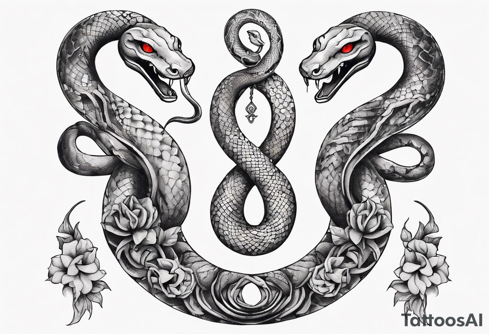 two snakes around a Buddhist amulet that represents strength, protection, and love tattoo idea