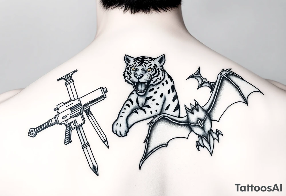 Anime design featuring Kuwabaras spirit Sword, Yusukes spirit gun, Toradoras palm top tiger, and the Deimon devil bat tattoo idea