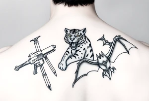 Anime design featuring Kuwabaras spirit Sword, Yusukes spirit gun, Toradoras palm top tiger, and the Deimon devil bat tattoo idea
