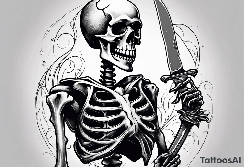 depressed skeleton holding his heart in his hand with a knife through the heart tattoo idea
