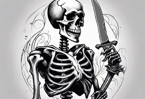 depressed skeleton holding his heart in his hand with a knife through the heart tattoo idea