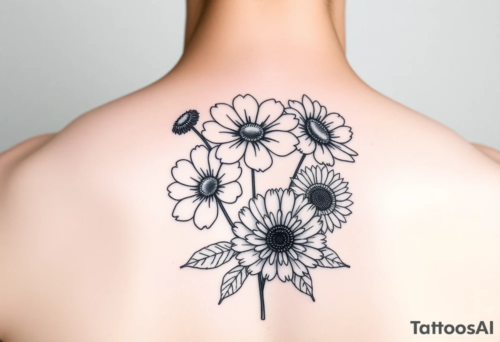 Simple minimalist cartoon 
line tattoo of flower bouquet in order of these flowers, daisy, cosmo, poppy, chrysanthemum, cosmo tattoo idea