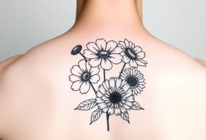 Simple minimalist cartoon 
line tattoo of flower bouquet in order of these flowers, daisy, cosmo, poppy, chrysanthemum, cosmo tattoo idea
