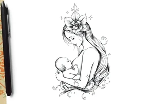 Mère avec fleur de lys au sommet de la tête porte son bébé relié au ciel et à la terre spirituel tattoo idea