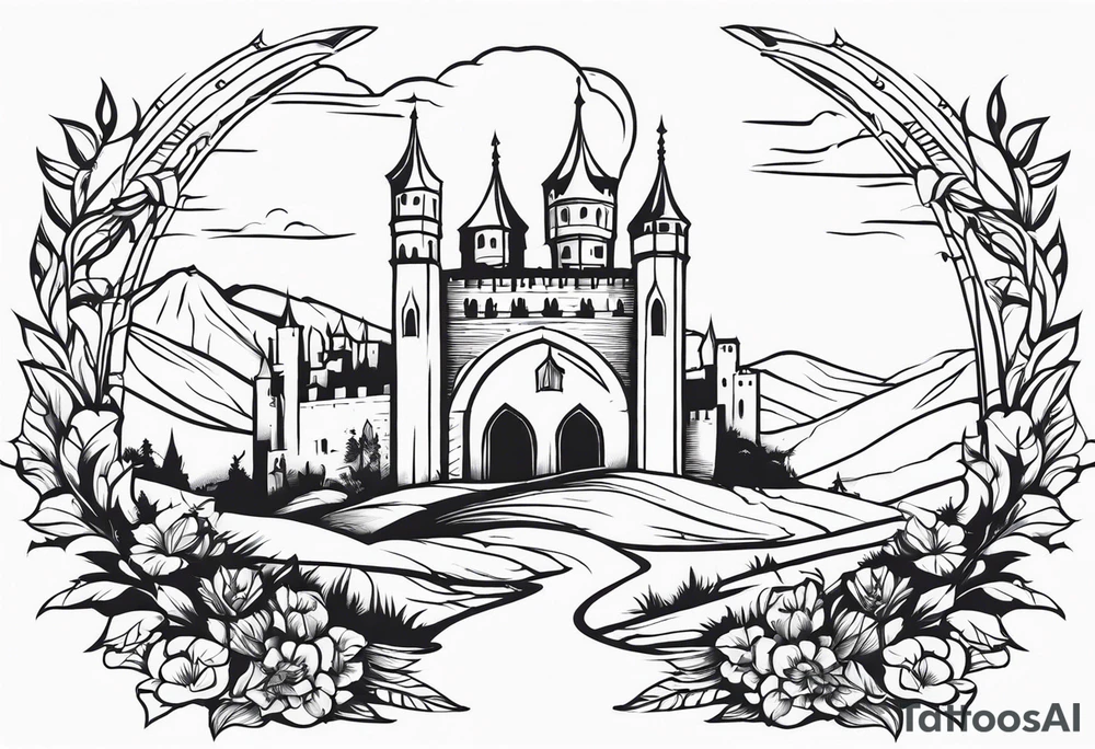 medieval tribal city gate floral land vignette tattoo idea
