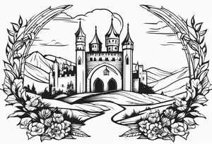 medieval tribal city gate floral  land  vignette tattoo idea