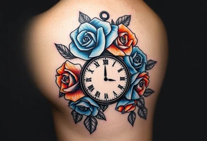 Blue and orange roses with a clock and name placeholder on the thigh tattoo idea