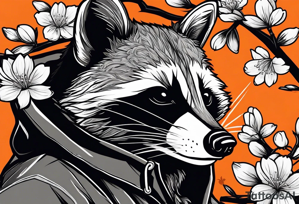 Raccoon wearing a white Superman logo on a black hoodie and orange Japanese cherry blossoms beside tattoo idea
