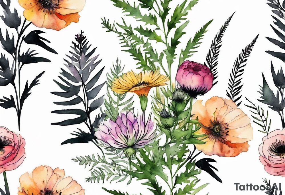 vertical mixed wildflower bouquet with ferns, ranunculus, thistle and with watercolor tattoo idea