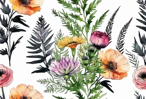 vertical mixed wildflower bouquet with ferns, ranunculus, thistle and with watercolor tattoo idea