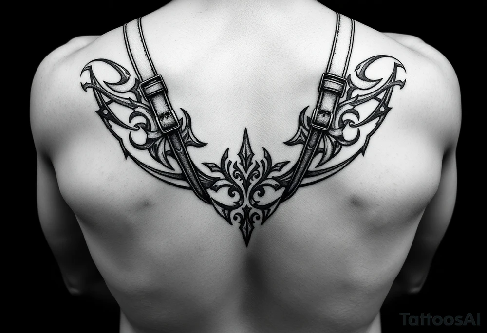 straps around arms and shouldrs with tribal design tattoo idea