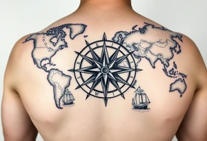 antique compass rose overlaid on weathered world map with sailing ships tattoo idea