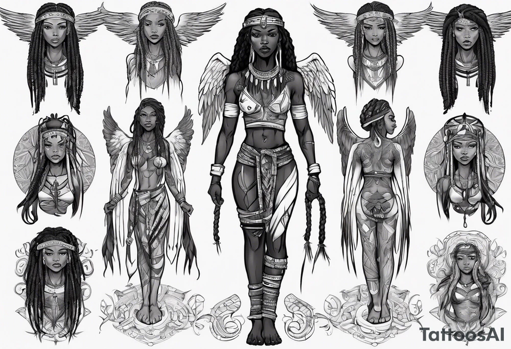African female Viking  angel full body 
slim long face small mouth long braided hair tattoo idea