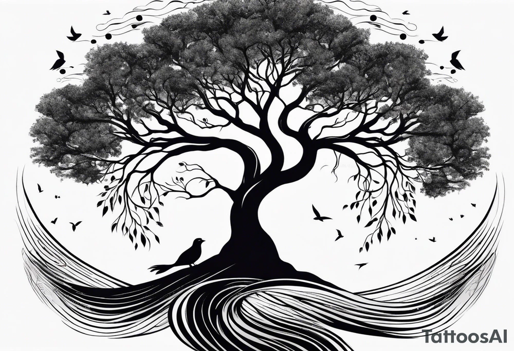 tree of life with roots growing around calming waves for forearm tattoo idea