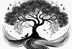 tree of life with roots growing around calming waves for forearm tattoo idea