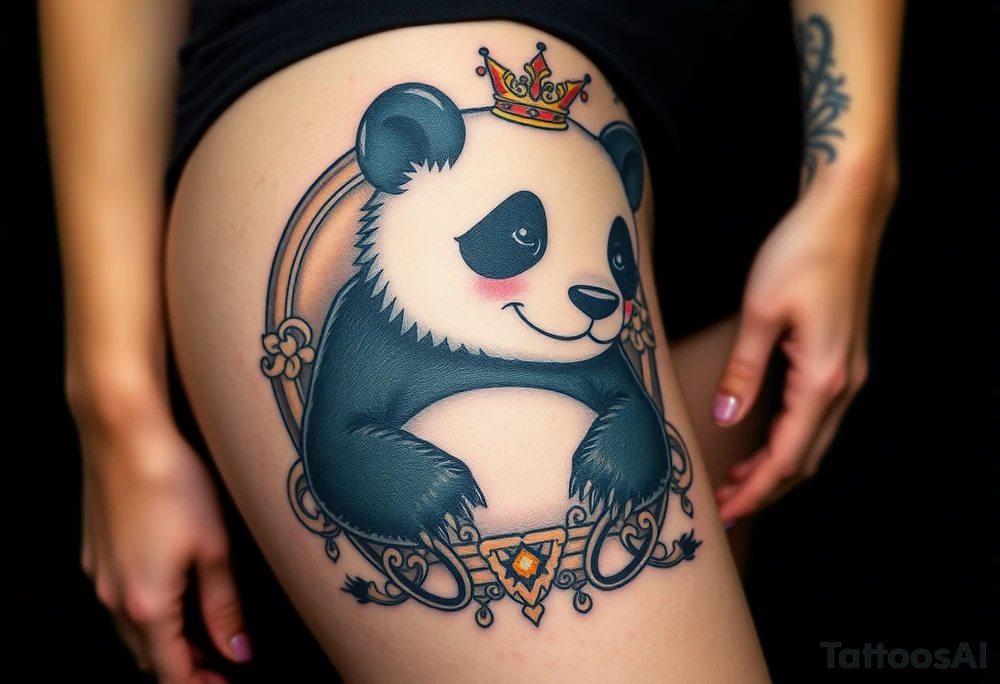 powerful superior panda with a crown, sexy princess on a throne looking down at her worshippers tattoo idea