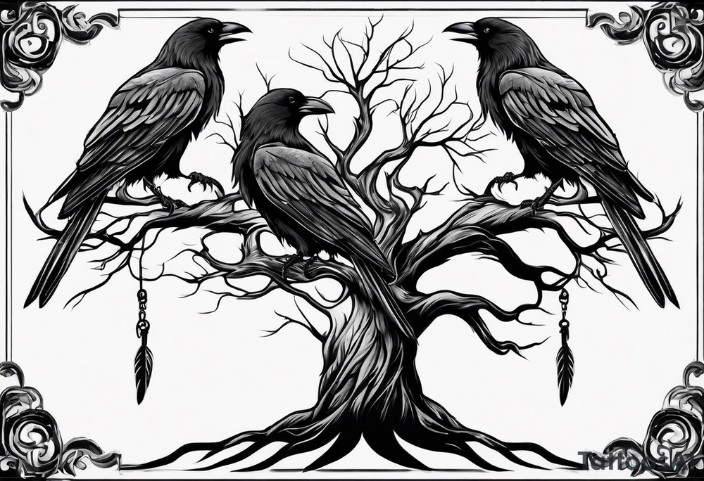 Dead tree arm sleeve with ravens tattoo idea