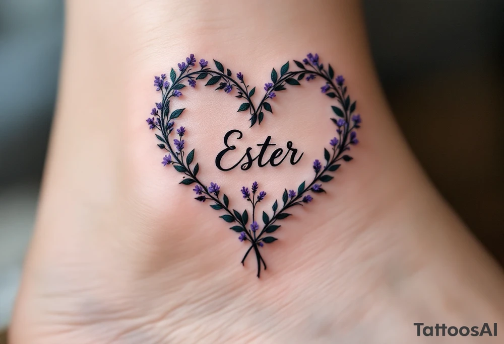 A heart formed by intertwining vine leaves, with the name "Ester" delicately inscribed in the center, and small lavender flowers in a soft purple color. tattoo idea