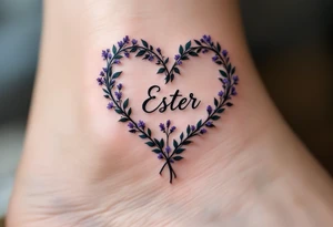 A heart formed by intertwining vine leaves, with the name "Ester" delicately inscribed in the center, and small lavender flowers in a soft purple color. tattoo idea