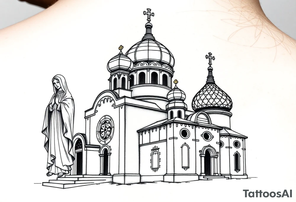 Russian orthodox church with bulb domes with a prominent russian orthodox style virgin mary stood outside to the left tattoo idea