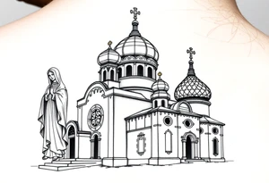 Russian orthodox church with bulb domes with a prominent russian orthodox style virgin mary stood outside to the left tattoo idea