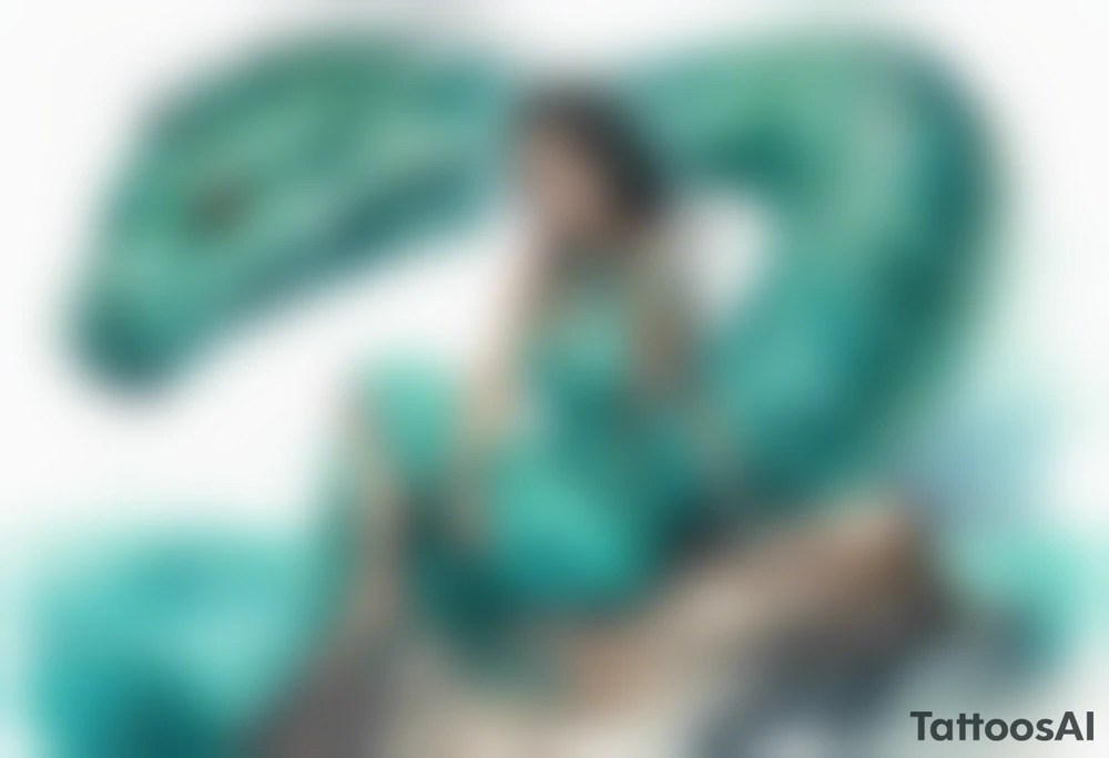 A sea serpent woman hybrid covered in turquois scales sitting on rocks by the ocean tattoo idea
