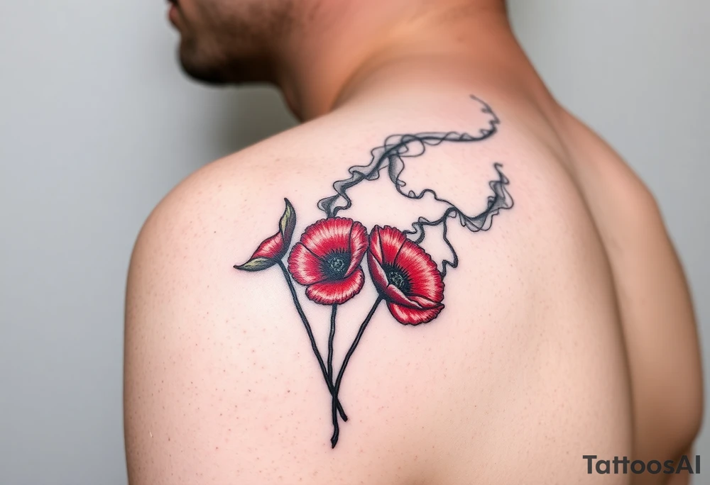 Big army inspired ,Aries, 2 red poppy’s, and smoke tattoo idea