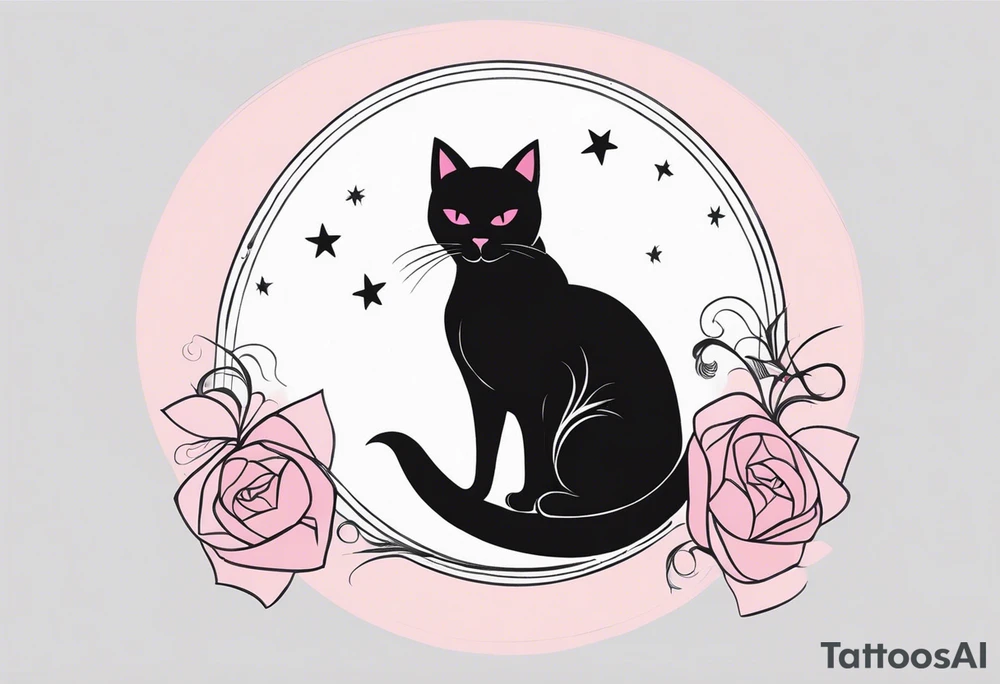 1.	Gothic Black Cat with Pink Bows – A sleek, black cat sitting on a crescent moon, with wide, eerie eyes and a small pink bow tied around tattoo idea