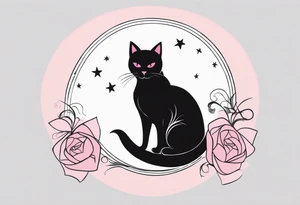 1.	Gothic Black Cat with Pink Bows – A sleek, black cat sitting on a crescent moon, with wide, eerie eyes and a small pink bow tied around tattoo idea