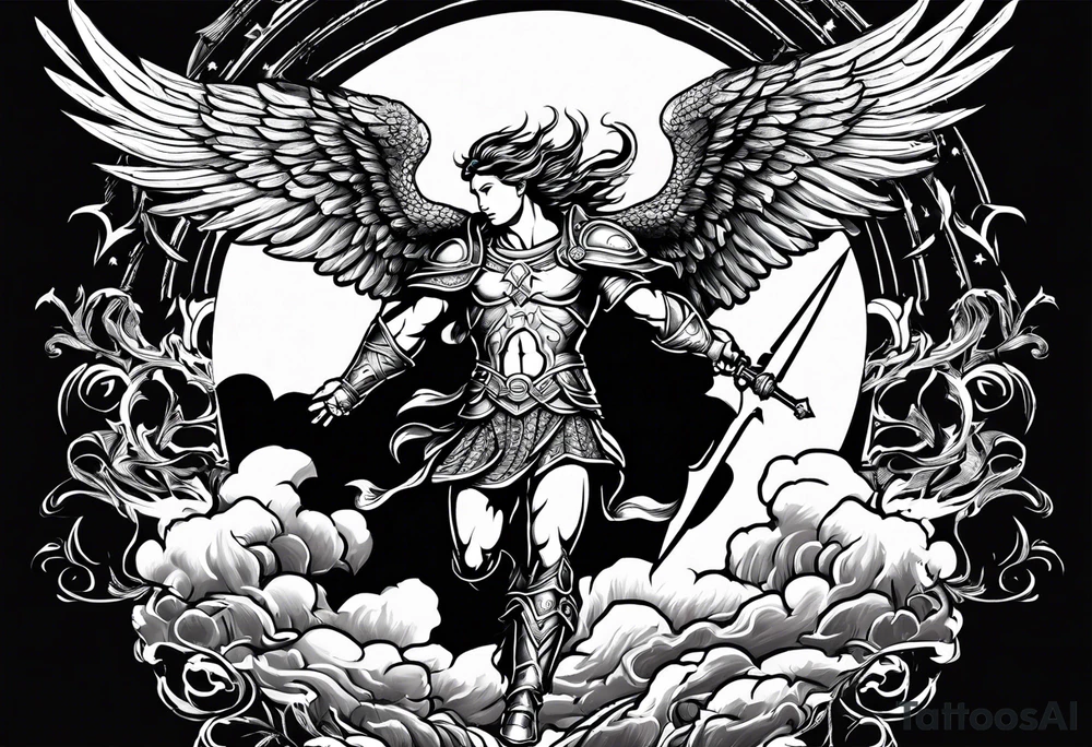 Michael the Archangel defeating the devil.  clouds and lightning in background tattoo idea