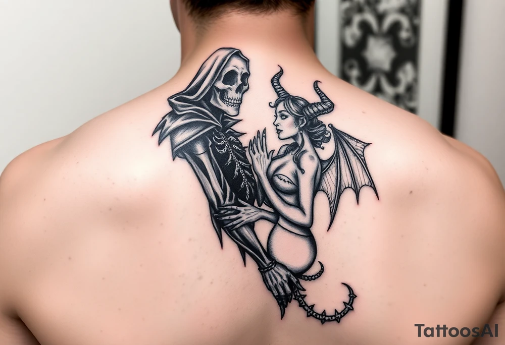 Grim reaper in love with female demon tattoo idea
