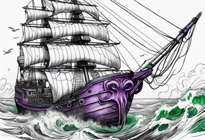 Purple and green octopus breaking ship tattoo idea